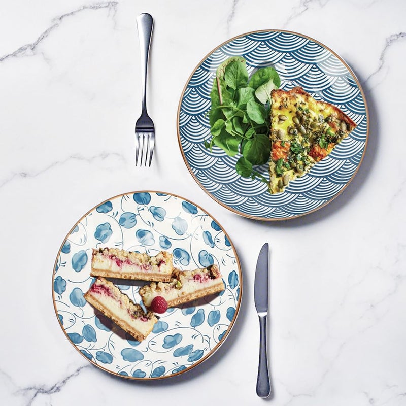 YALONG Small Ceramic Salad Plates Set of 4, 7 Inch (13oz) Japanese Appetizer Plates for Sushi Snacks, Dessert Plates for Cake Fruit, Blue & White Dinnerware, Microwave Dishwasher Safe - Image 3